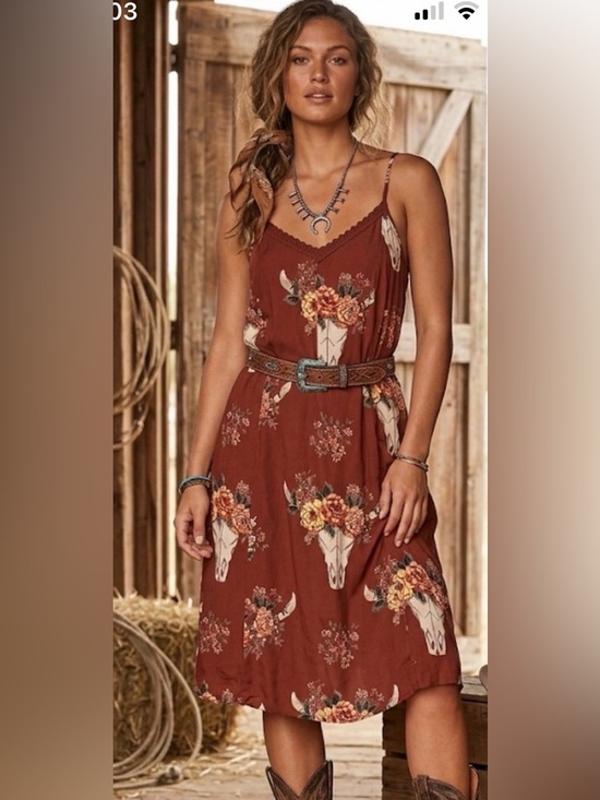 Angie Dresses & Skirts - Rust Floral Cow Skull Midi Dress with Spaghetti Straps. By Angies. Size Large